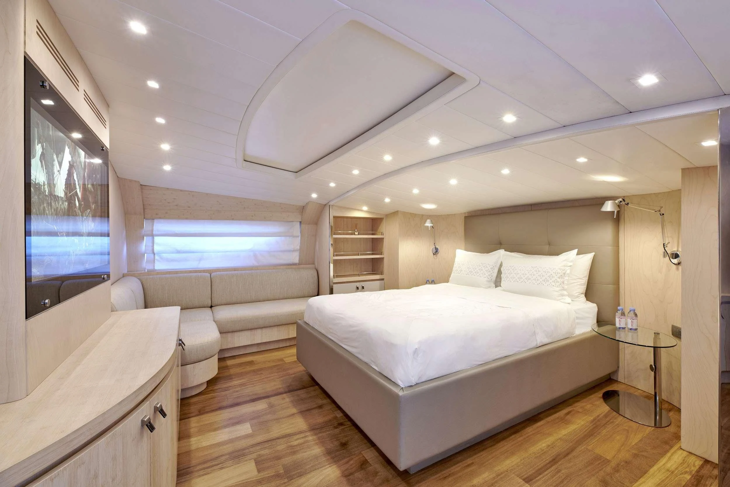 a large white bed in a room aboard WHITE KNIGHT Yacht for Sale