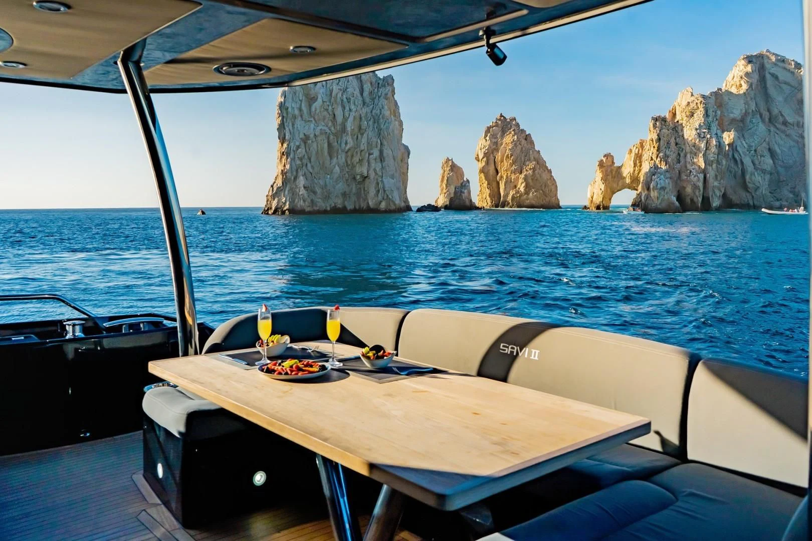 a table on a boat aboard SAVI II Yacht for Sale