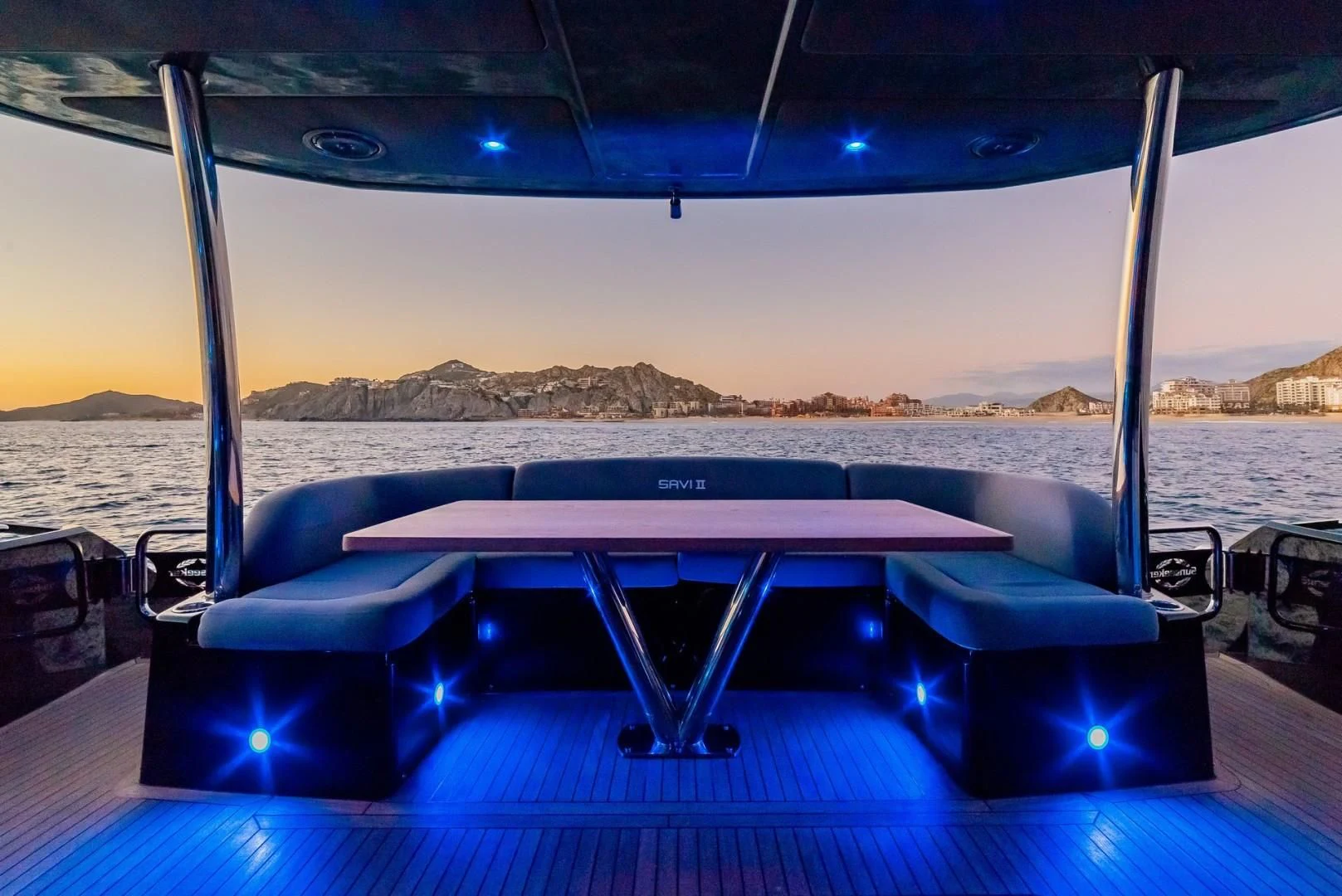 a table on a boat aboard SAVI II Yacht for Sale