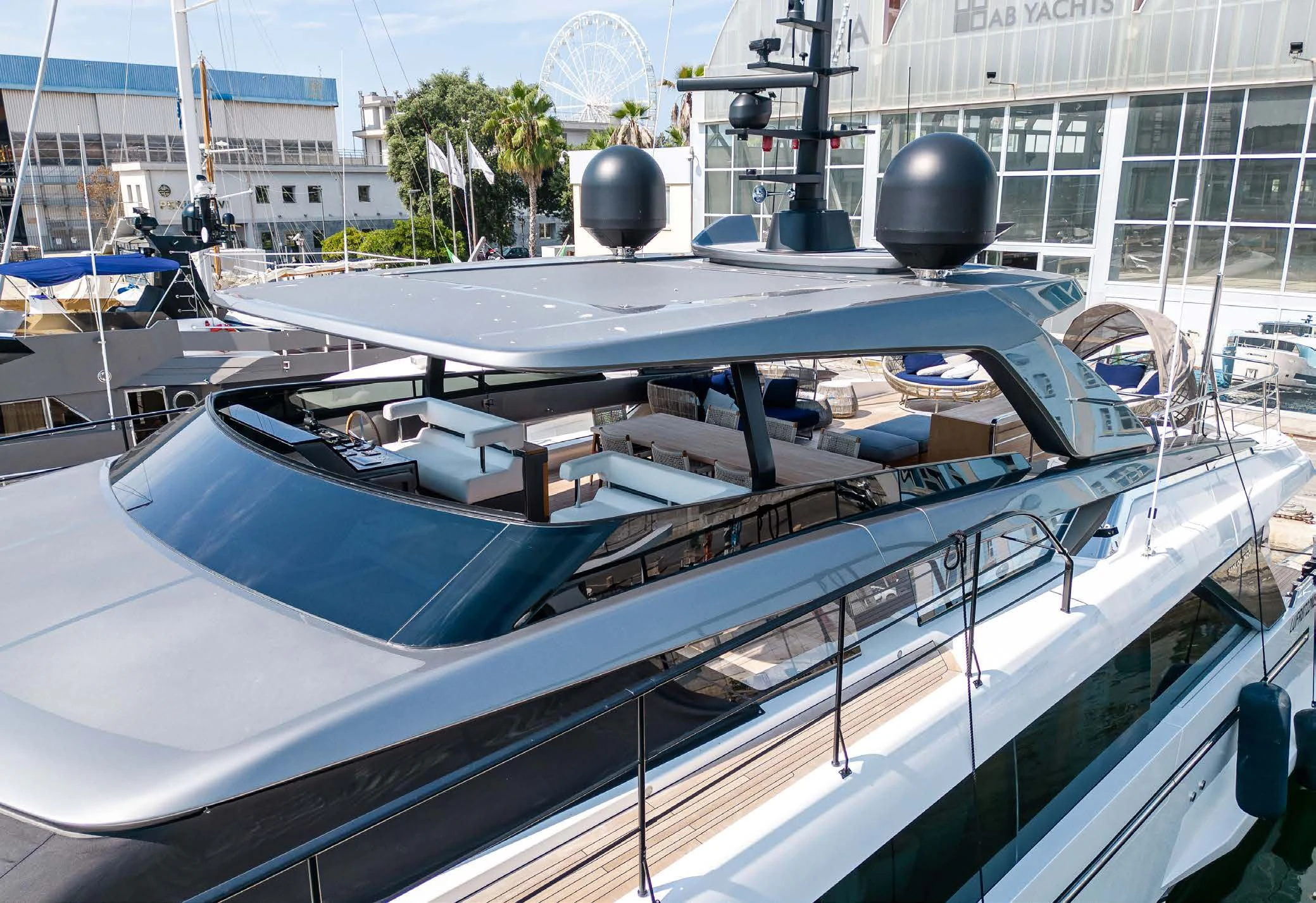 a pool with a large black ball on top of it aboard VISSOTTA Yacht for Sale