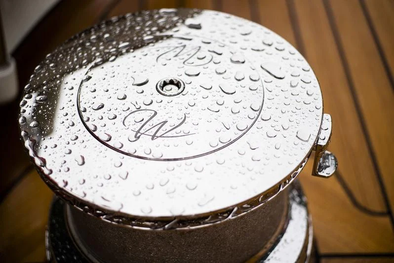 a metal object with a face drawn on it aboard WISP Yacht for Sale