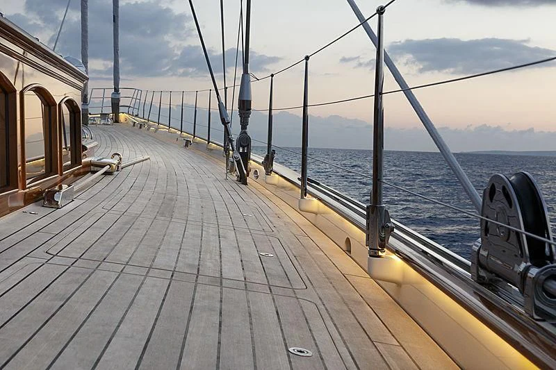 a wooden dock on a boat aboard WISP Yacht for Sale
