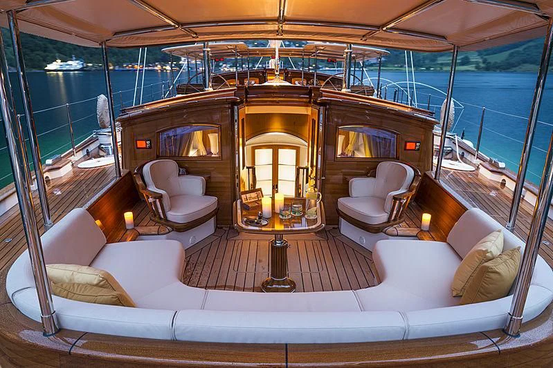 a living room with a large window aboard WISP Yacht for Sale