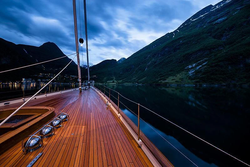 a wooden bridge over a body of water aboard WISP Yacht for Sale