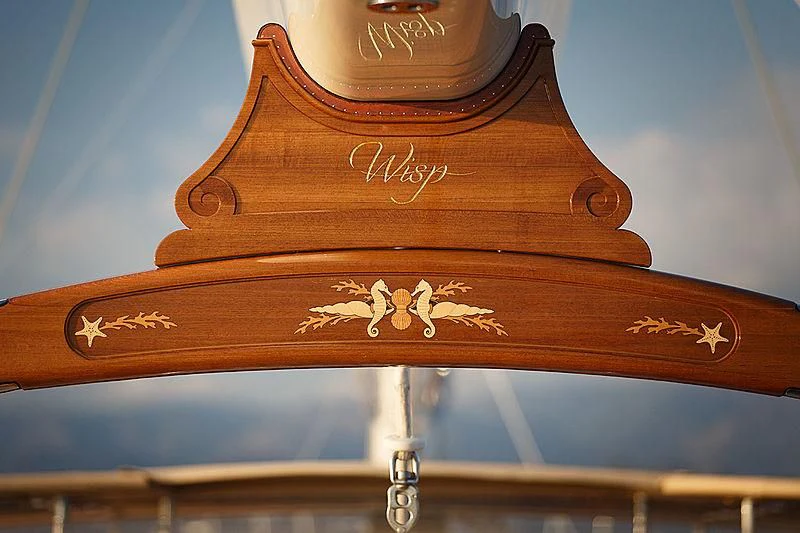 a wooden box with a crown aboard WISP Yacht for Sale
