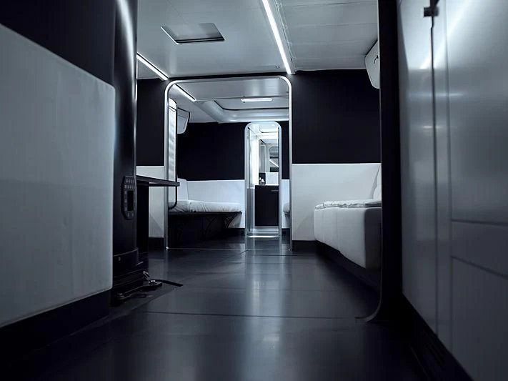a bathroom with a large mirror aboard BULLITT Yacht for Sale