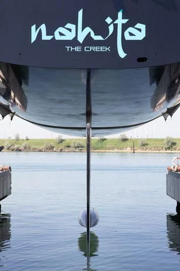 a sign over a body of water aboard BULLITT Yacht for Sale