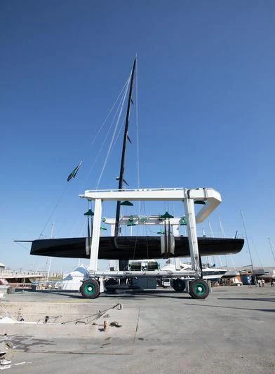 a large metal boat on a trailer aboard BULLITT Yacht for Sale