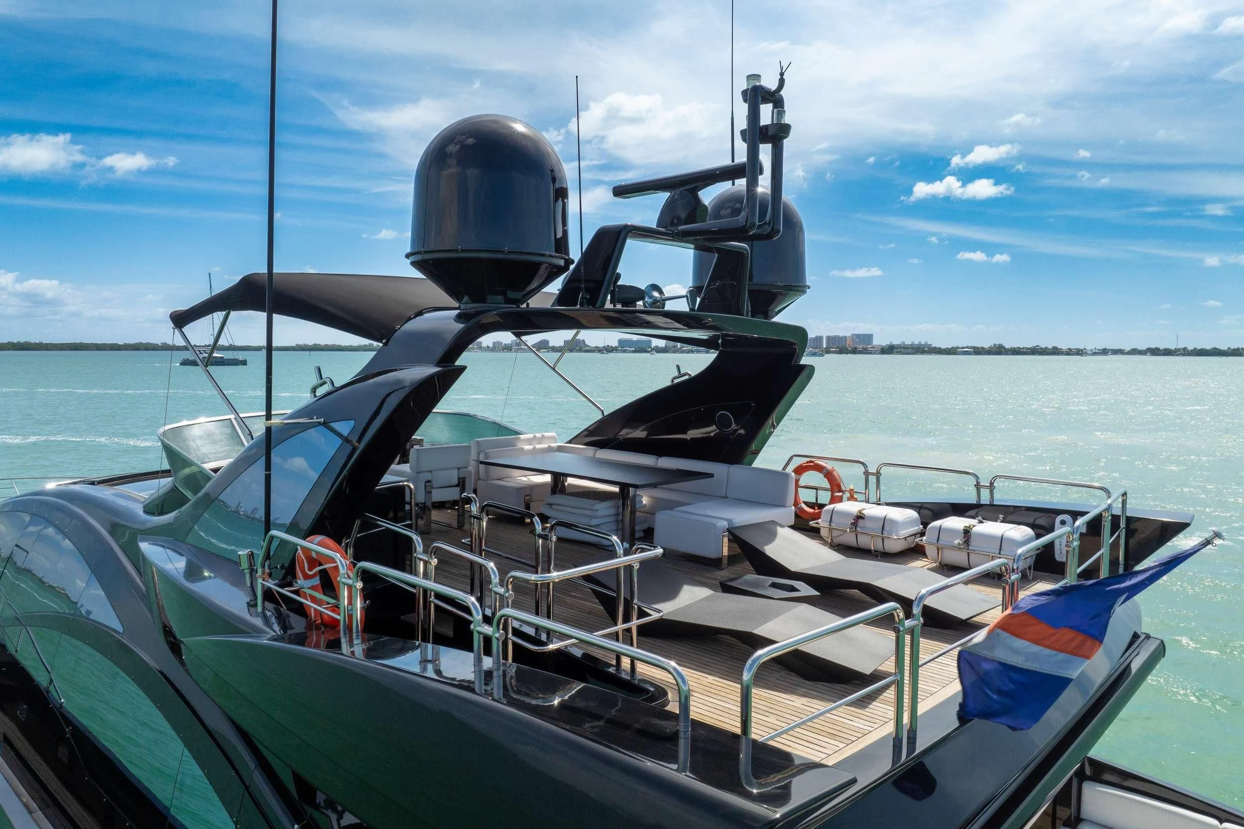 a boat with a satellite dish on it aboard SETTE Yacht for Sale