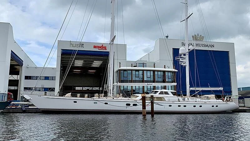 a large white boat in the water aboard JULIET Yacht for Sale