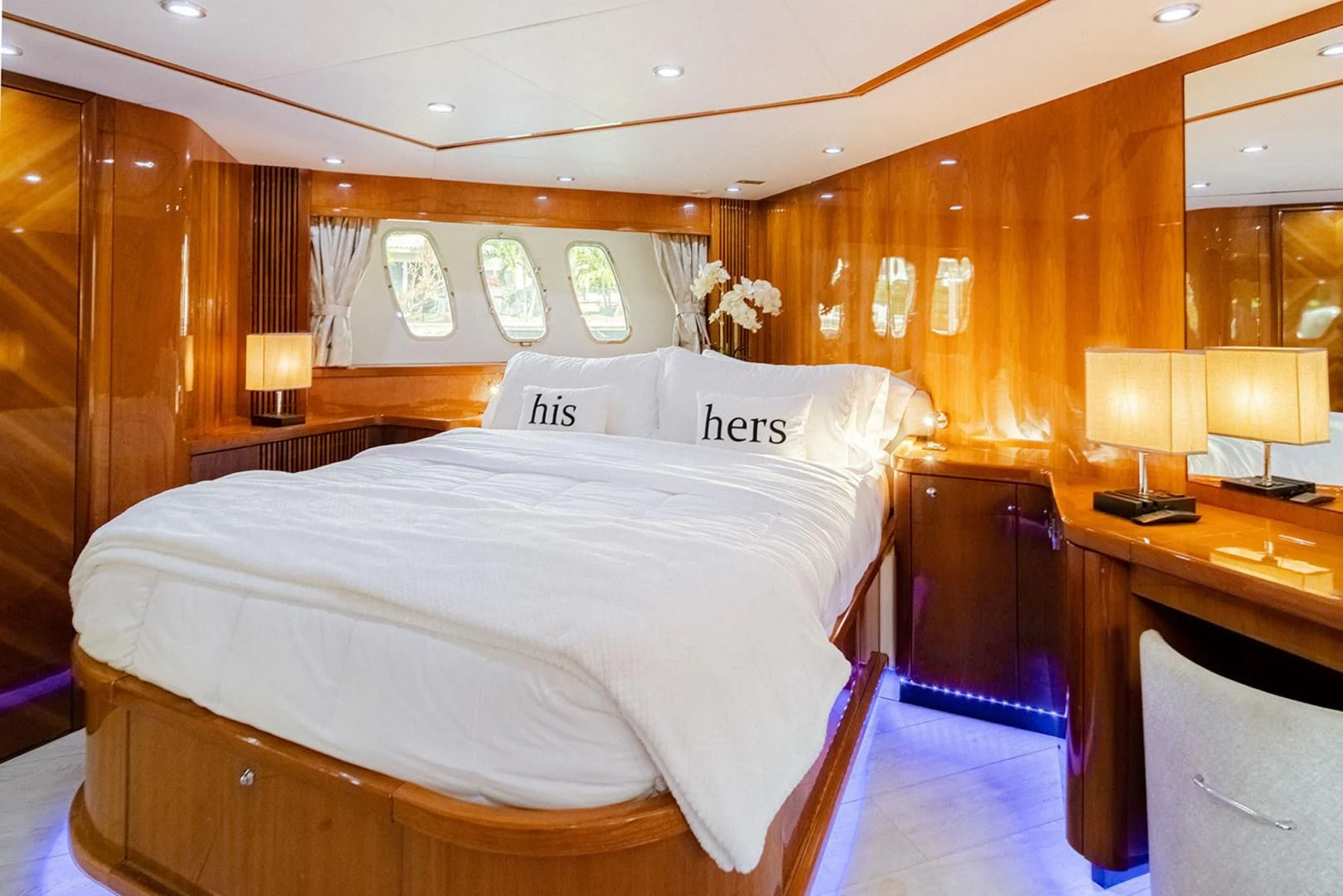 a large bed in a room aboard SOUL MATES Yacht for Sale