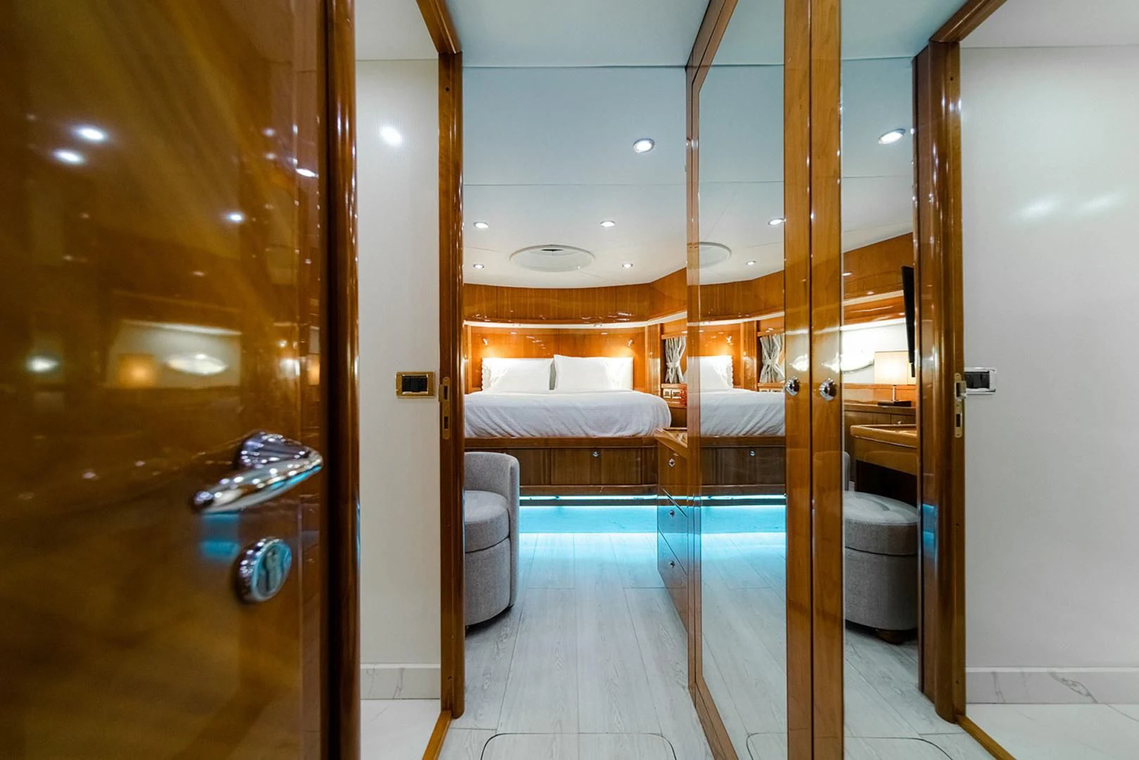 a bathroom with a glass shower aboard SOUL MATES Yacht for Sale