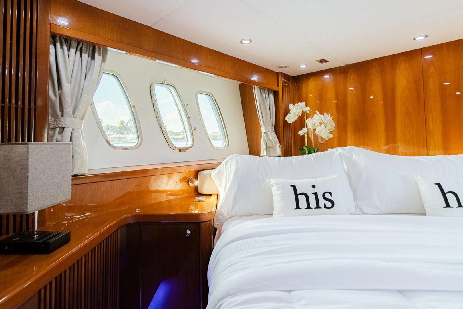 a room with a bed and a desk aboard SOUL MATES Yacht for Sale