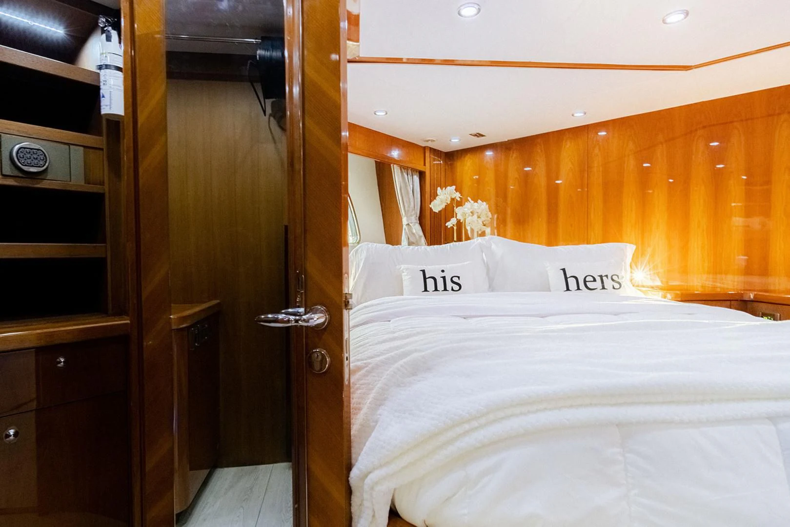 a bed with a white sheet aboard SOUL MATES Yacht for Sale