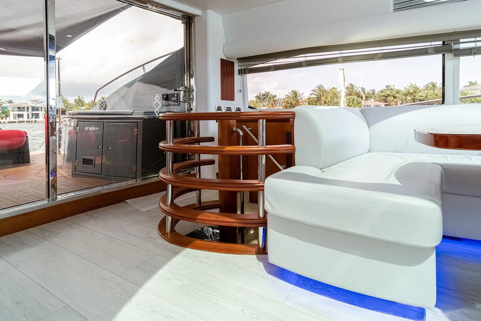 a living room with a couch and a table aboard SOUL MATES Yacht for Sale