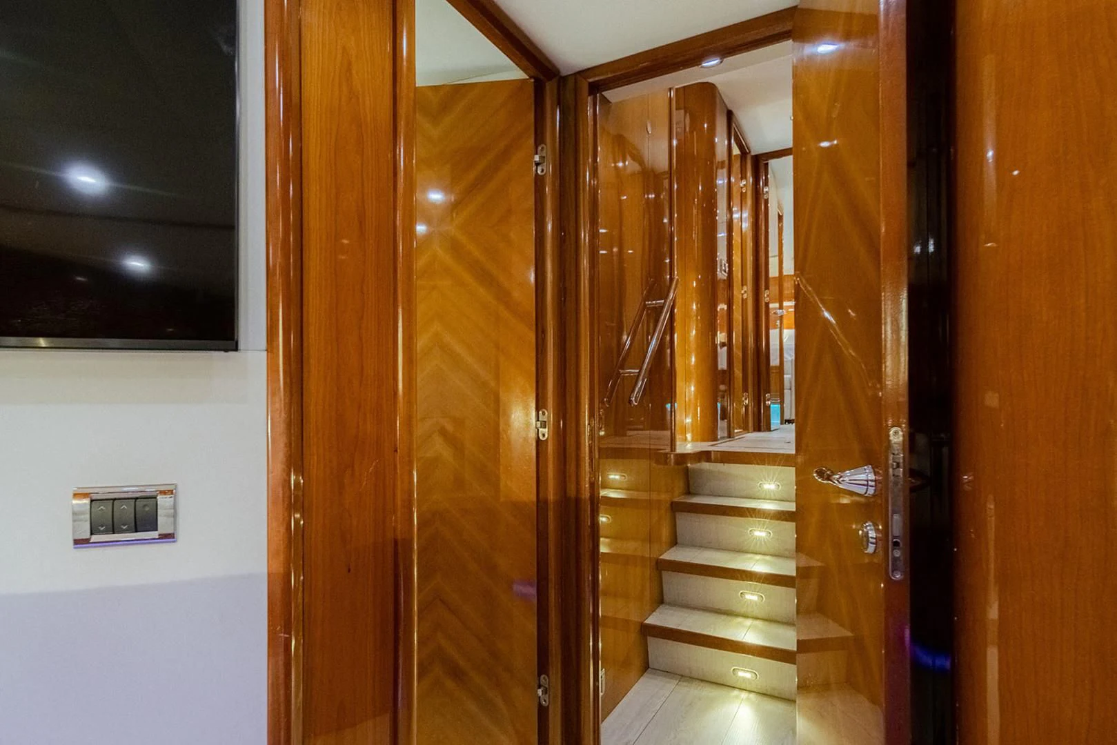 a wooden door with a wood frame aboard SOUL MATES Yacht for Sale