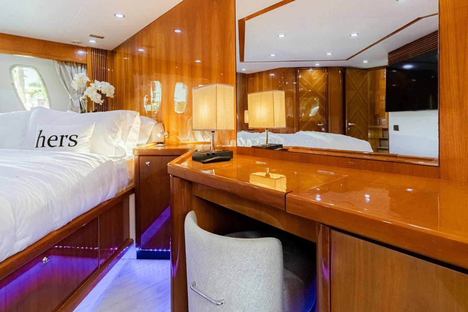 a room with a bed and a desk aboard SOUL MATES Yacht for Sale