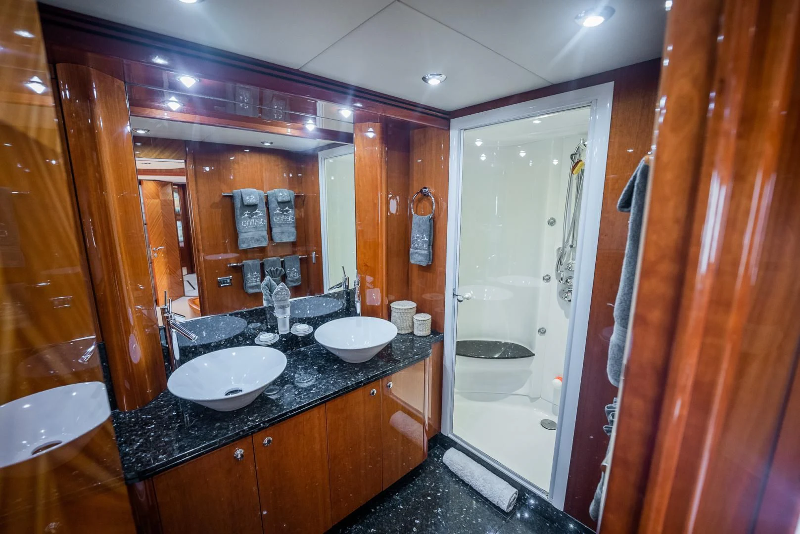 a bathroom with two sinks aboard DELFINO Yacht for Sale