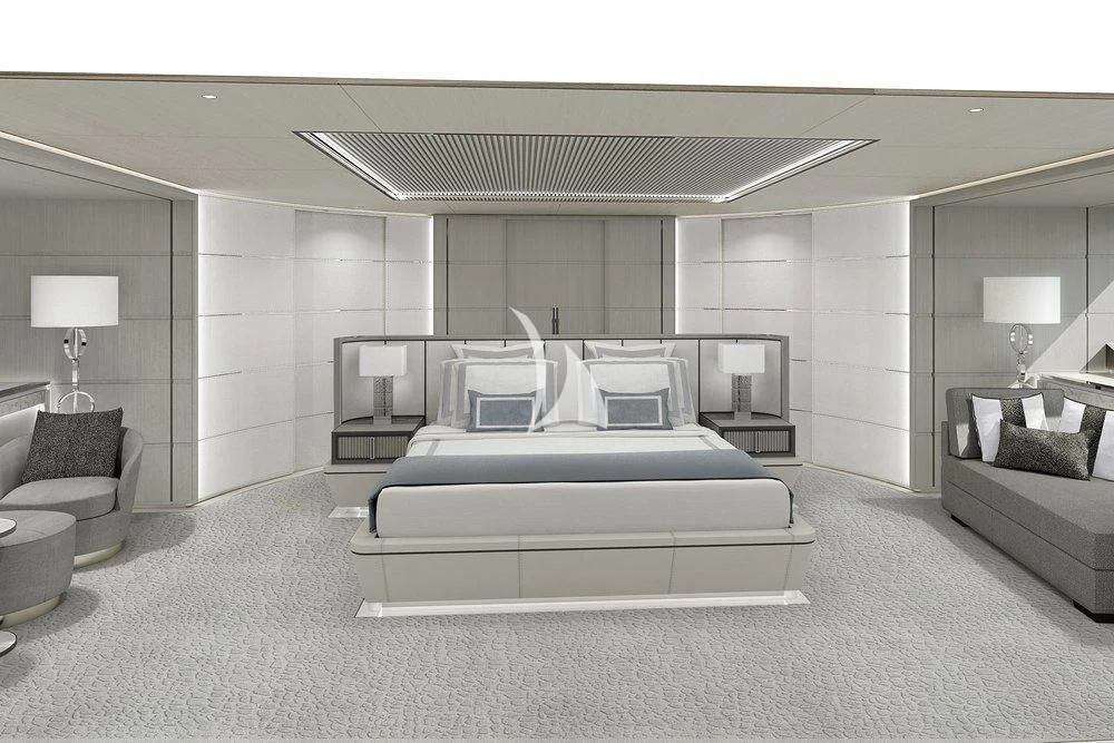 a large bedroom with a bed aboard LASATA Yacht for Sale