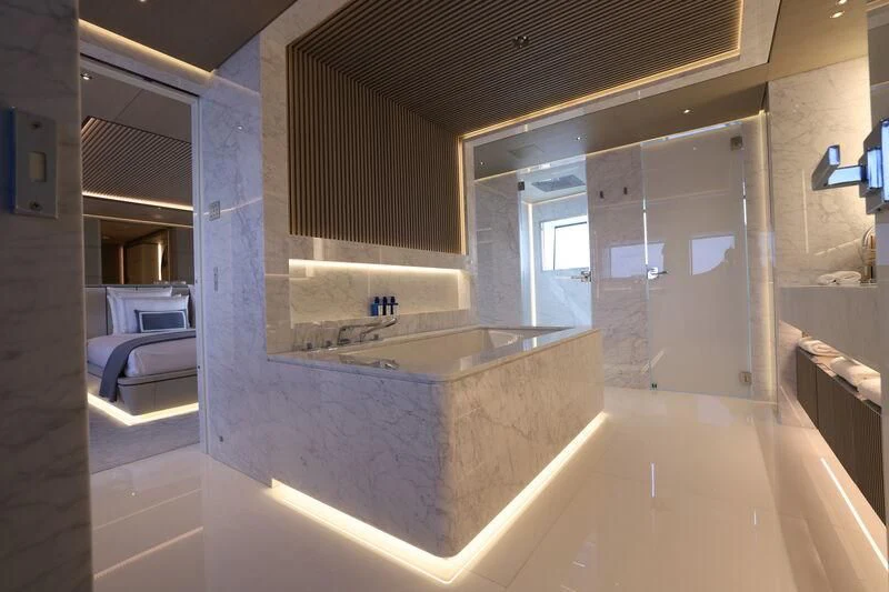 a bathroom with a large counter aboard LASATA Yacht for Sale