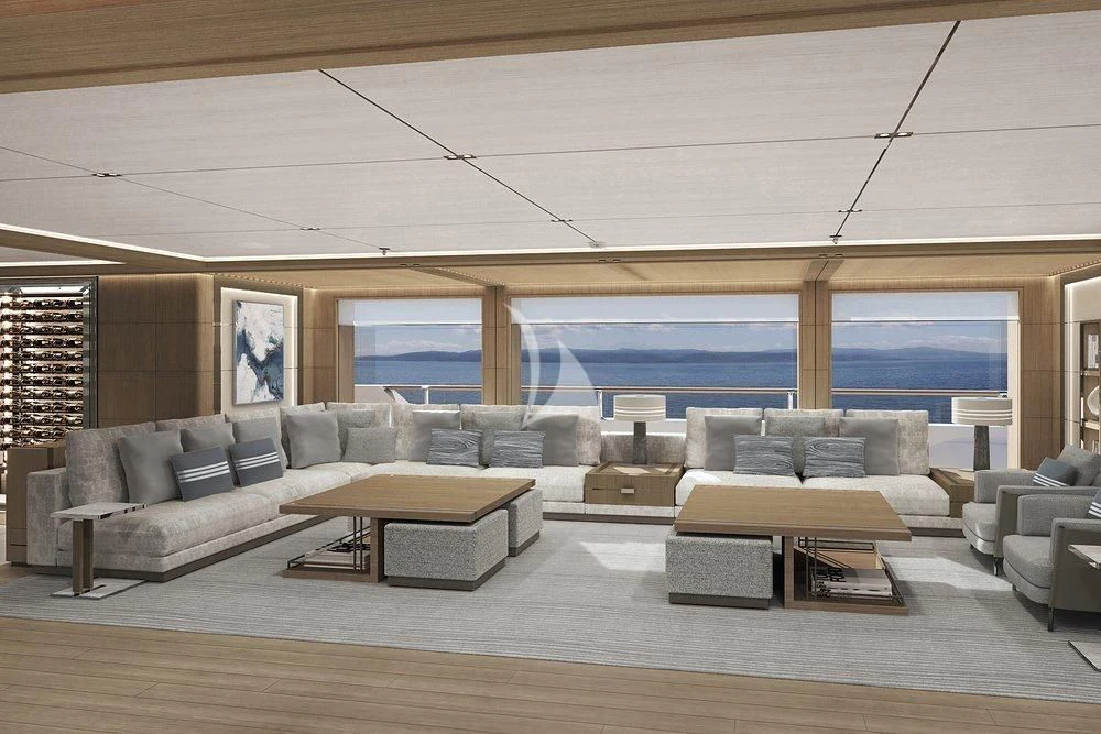 a living room with a large window aboard LASATA Yacht for Sale