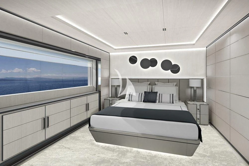 a bedroom with a large bed aboard LASATA Yacht for Sale