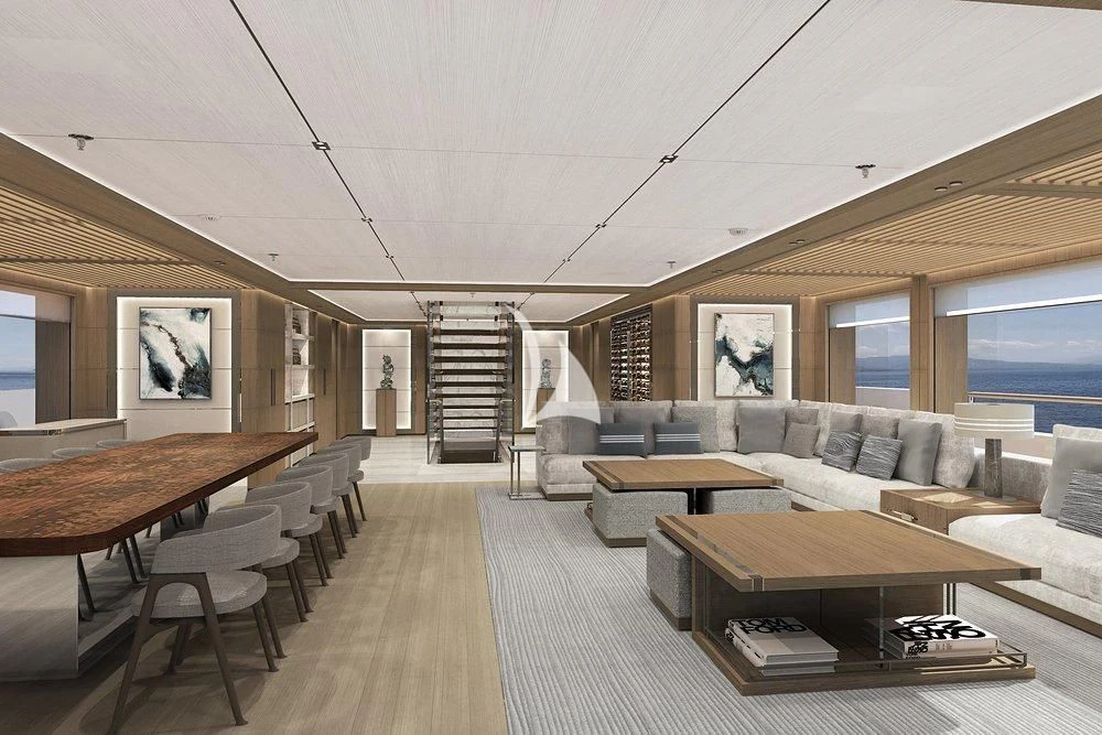 a living room with a large window aboard LASATA Yacht for Sale