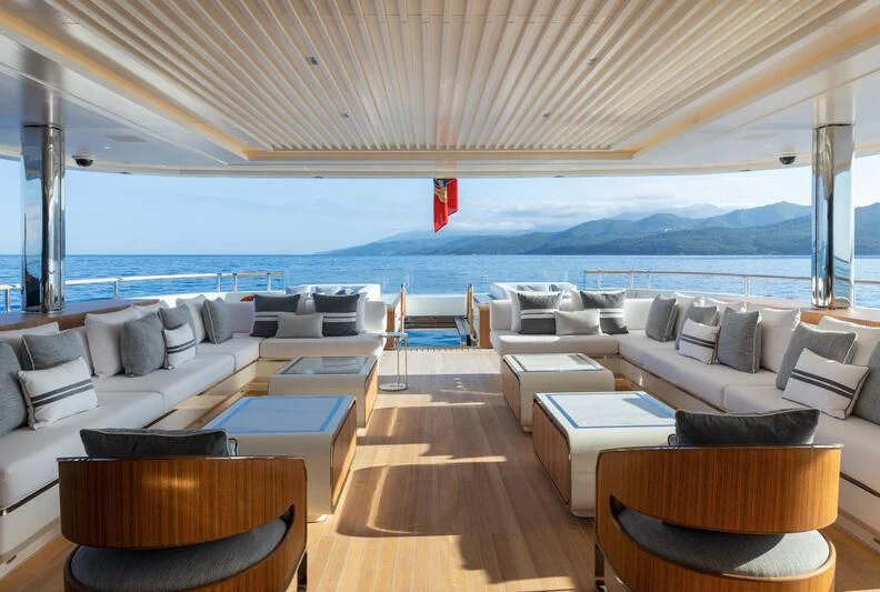 a large living room with a large ocean view aboard LASATA Yacht for Sale