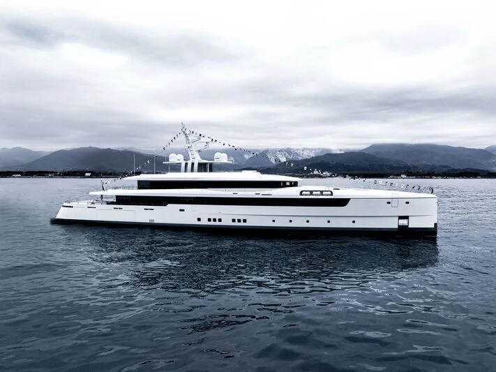 a white boat in the water aboard LASATA Yacht for Sale