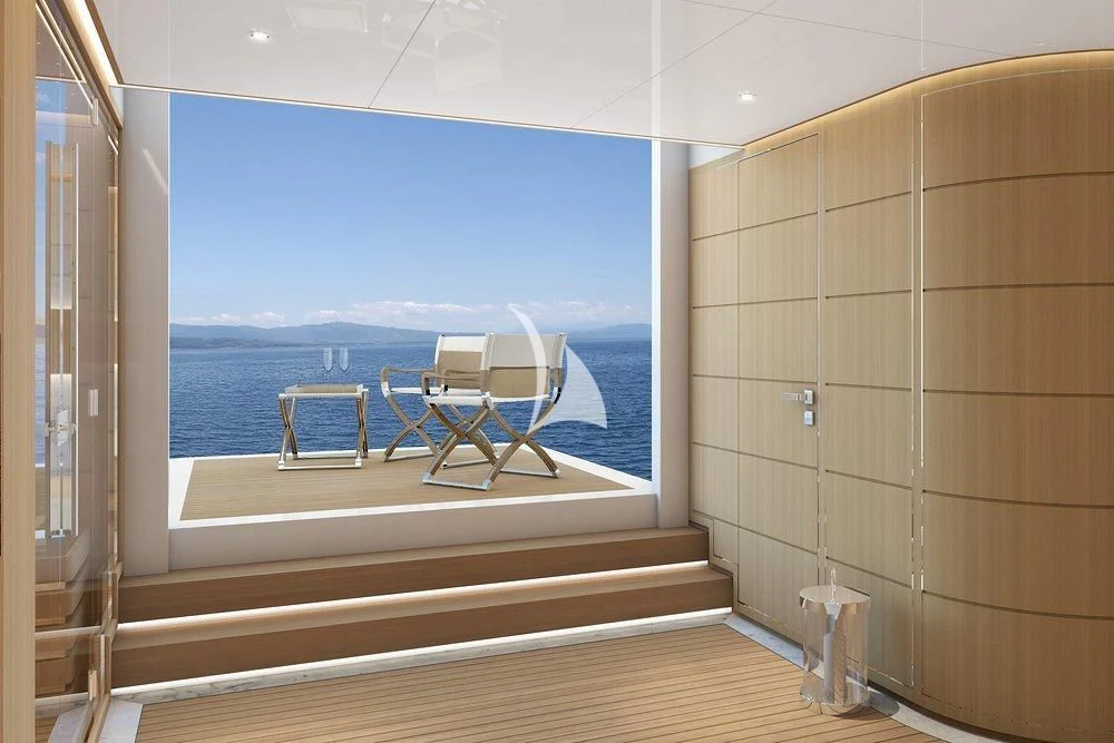 a room with a view of the ocean and a deck aboard LASATA Yacht for Sale