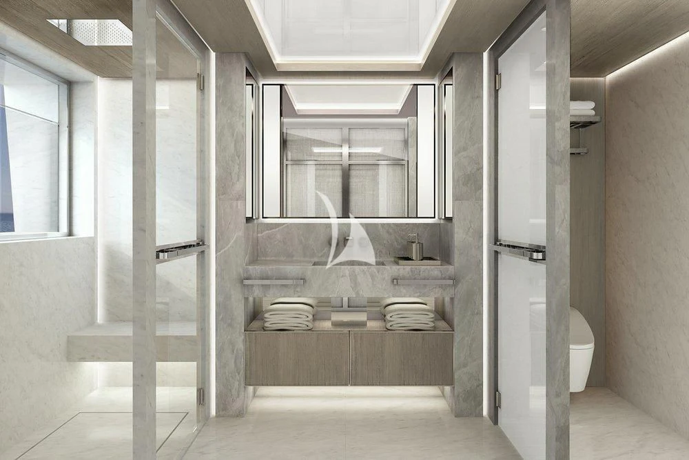 a bathroom with a glass wall aboard LASATA Yacht for Sale