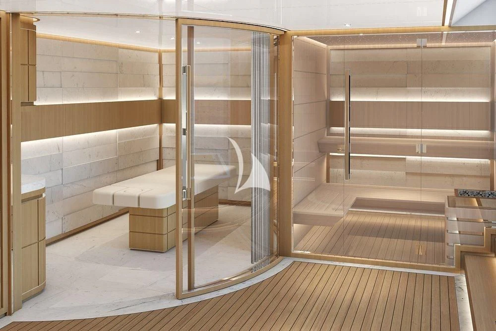 a room with a bed and a glass door aboard LASATA Yacht for Sale
