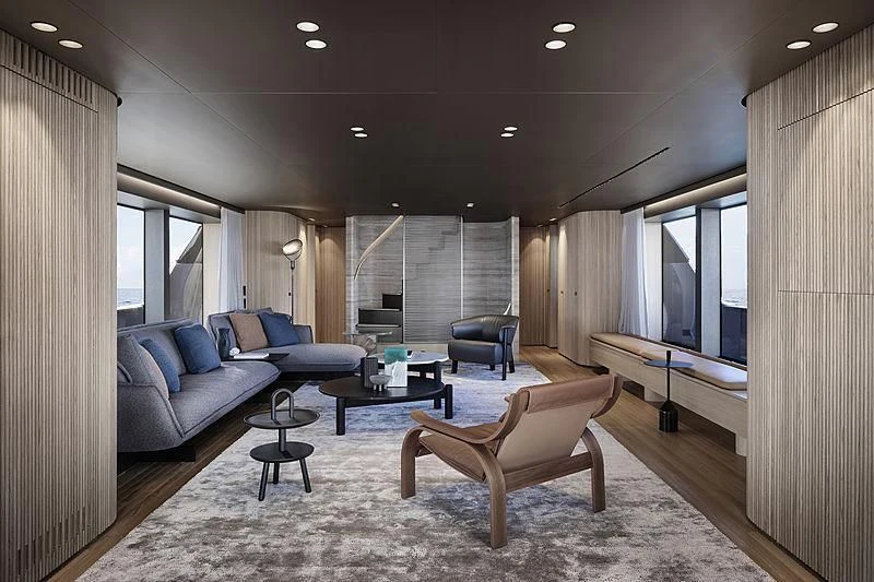 a living room with a couch and a table aboard NOW Yacht for Sale
