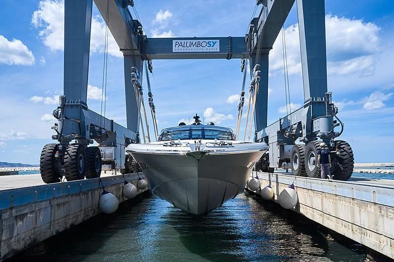 a boat on a dock aboard ALDABRA Yacht for Sale