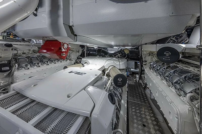 a car with a large engine aboard ALDABRA Yacht for Sale