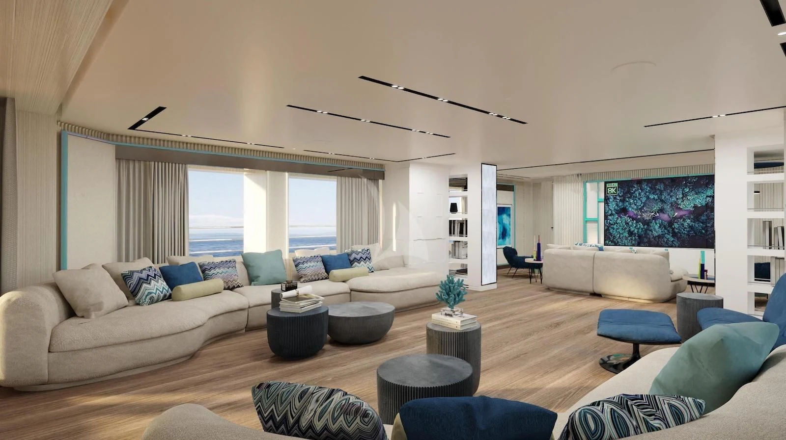 a living room with a large window aboard RIO Yacht for Sale