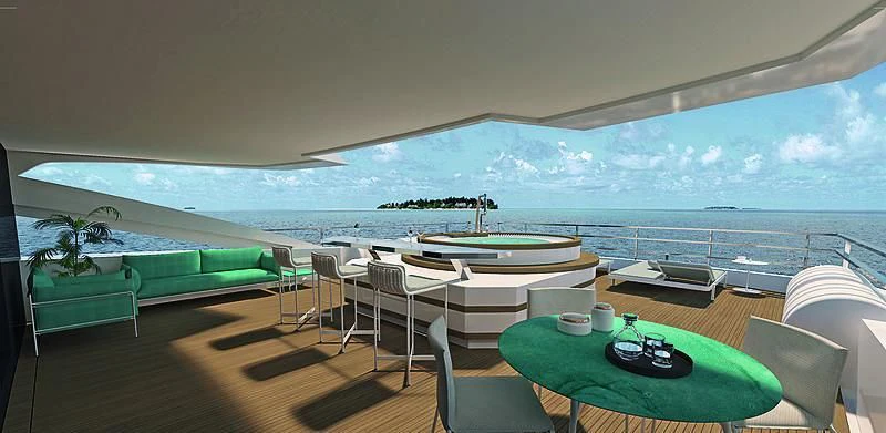 a room with a table and chairs aboard RIO Yacht for Sale