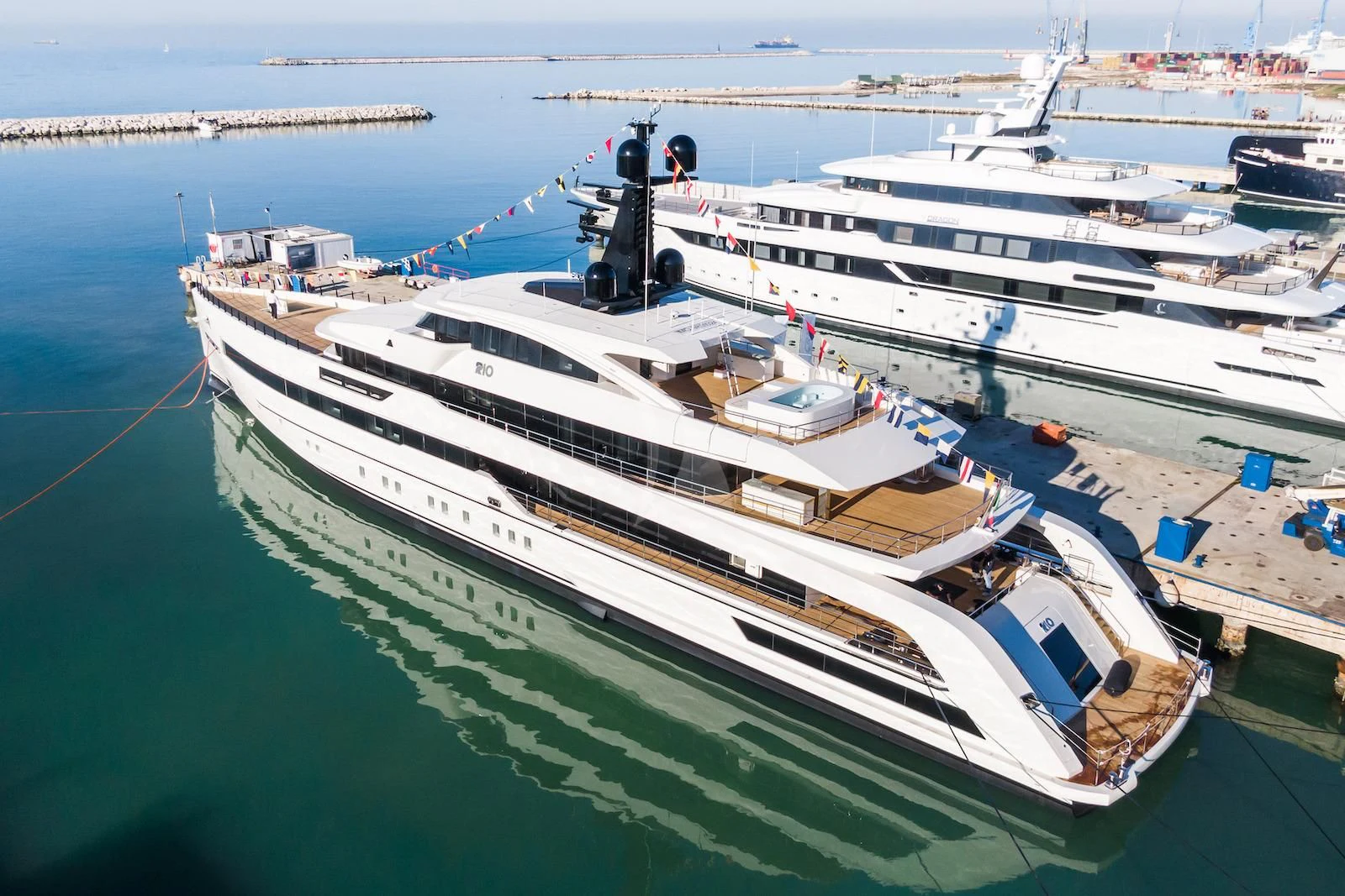 a large ship docked at a port aboard RIO Yacht for Sale