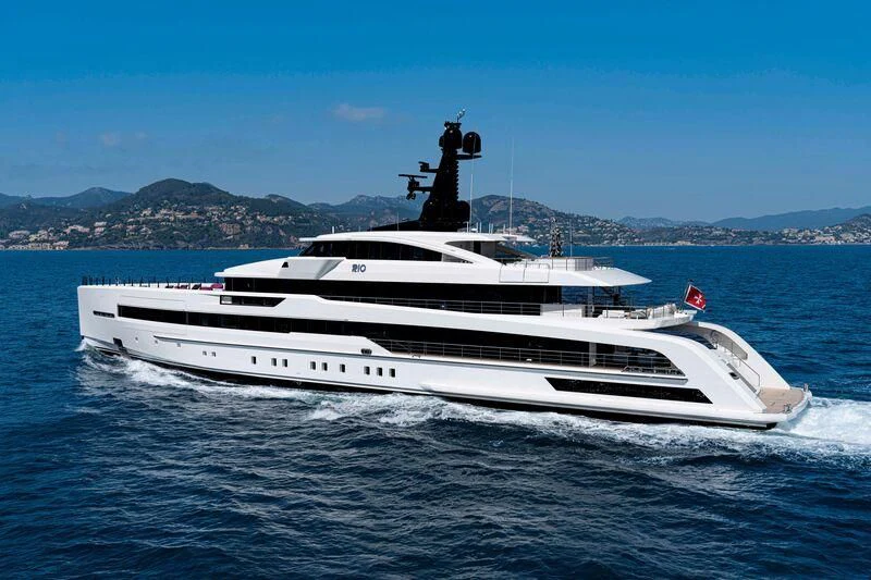 a white yacht on the water aboard RIO Yacht for Sale