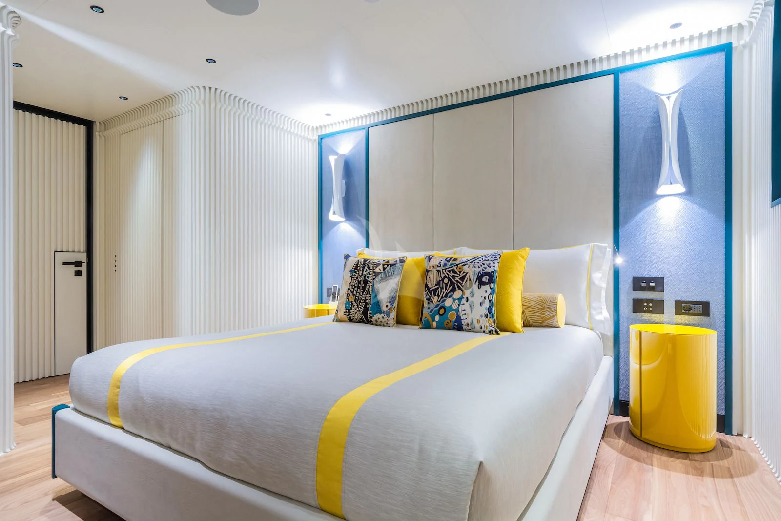 a bed in a room aboard RIO Yacht for Sale