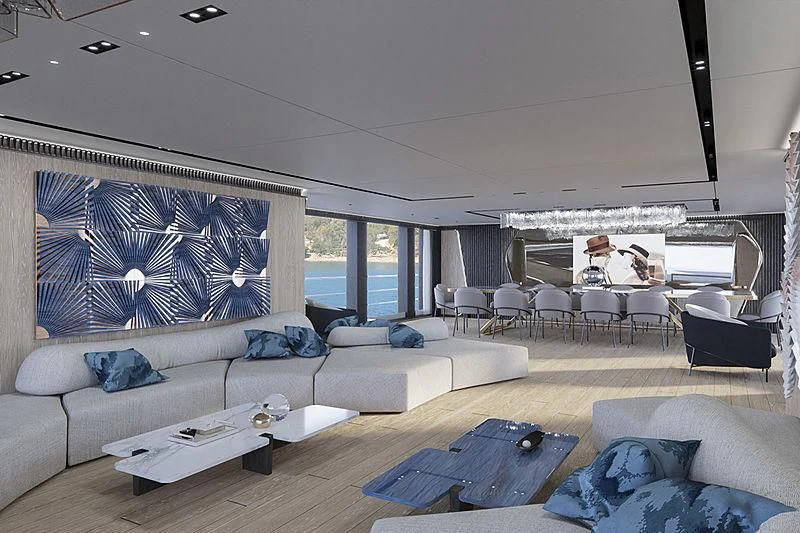 a living room with a large window aboard RIO Yacht for Sale