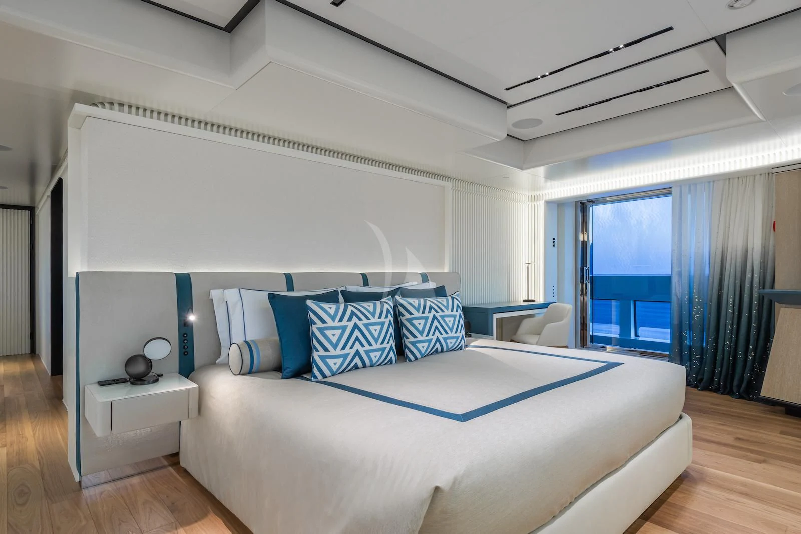 a bed in a room aboard RIO Yacht for Sale