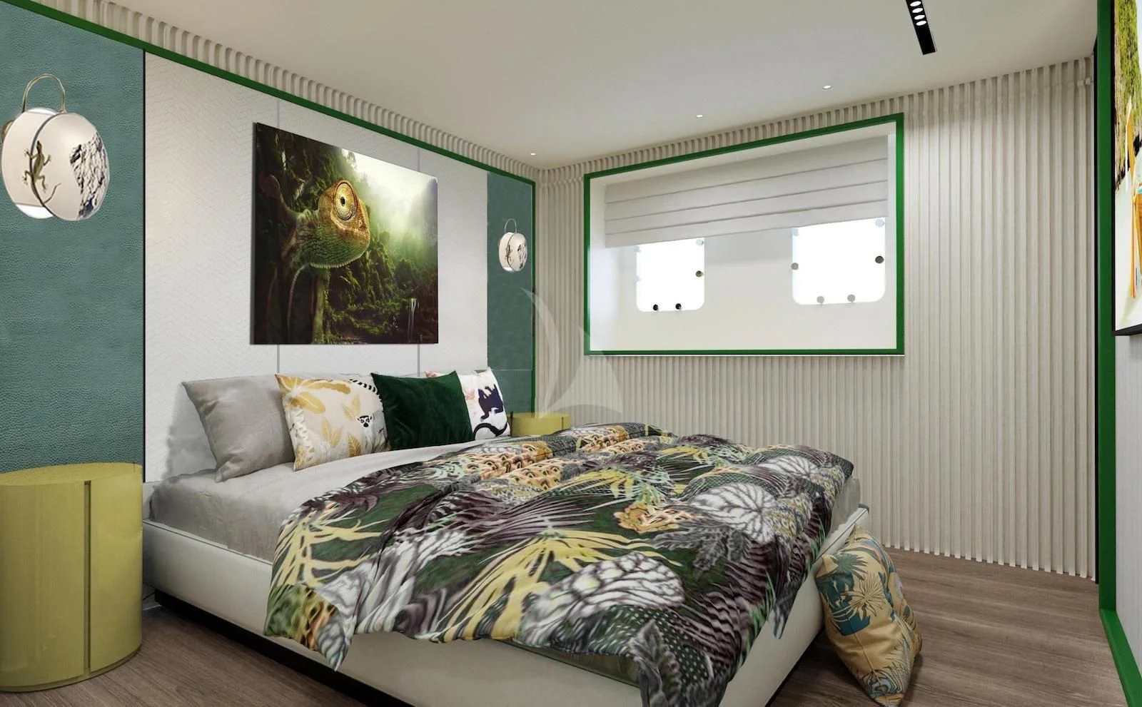 a bedroom with a bed and a painting on the wall aboard RIO Yacht for Sale