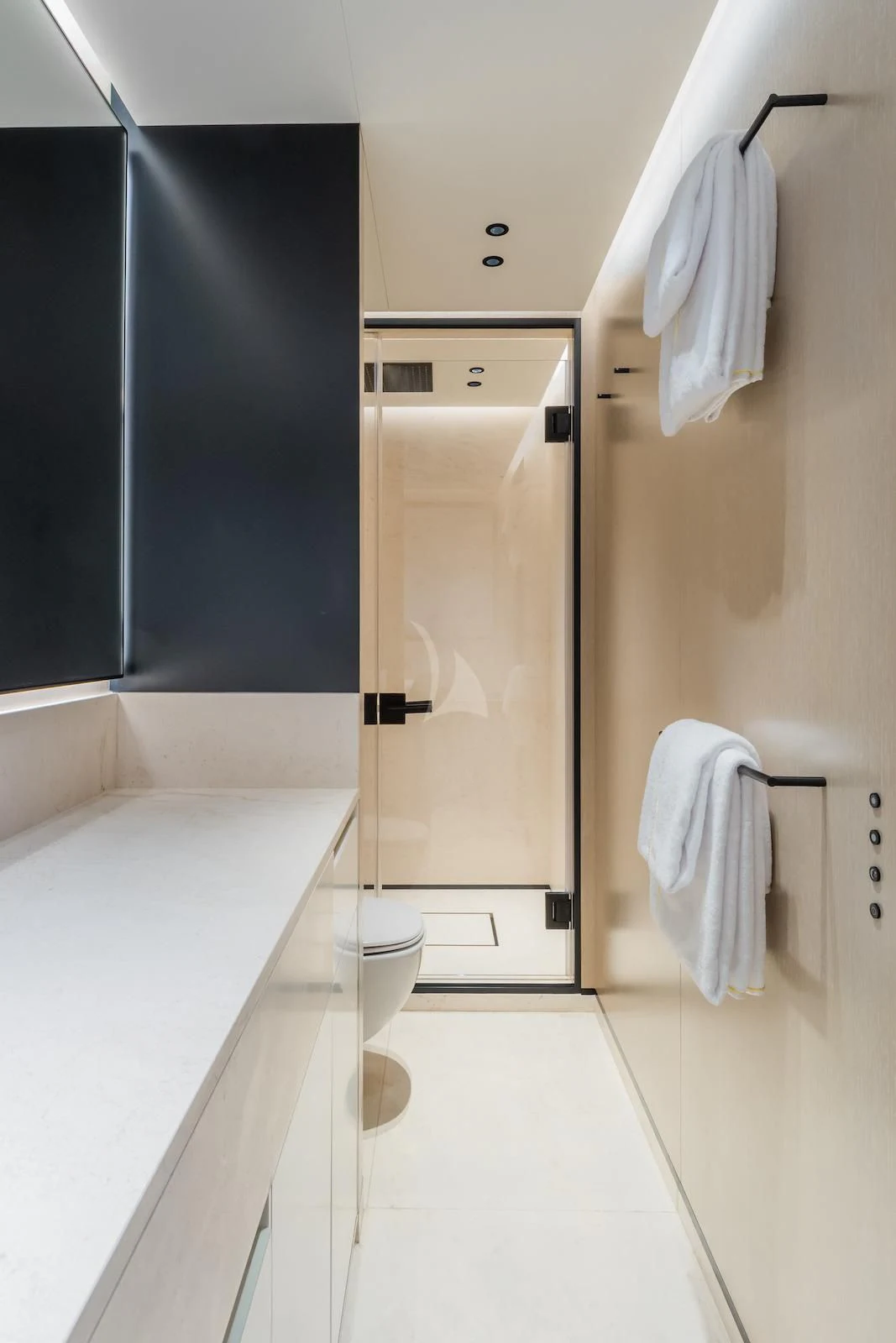 a bathroom with a shower and toilet aboard RIO Yacht for Sale