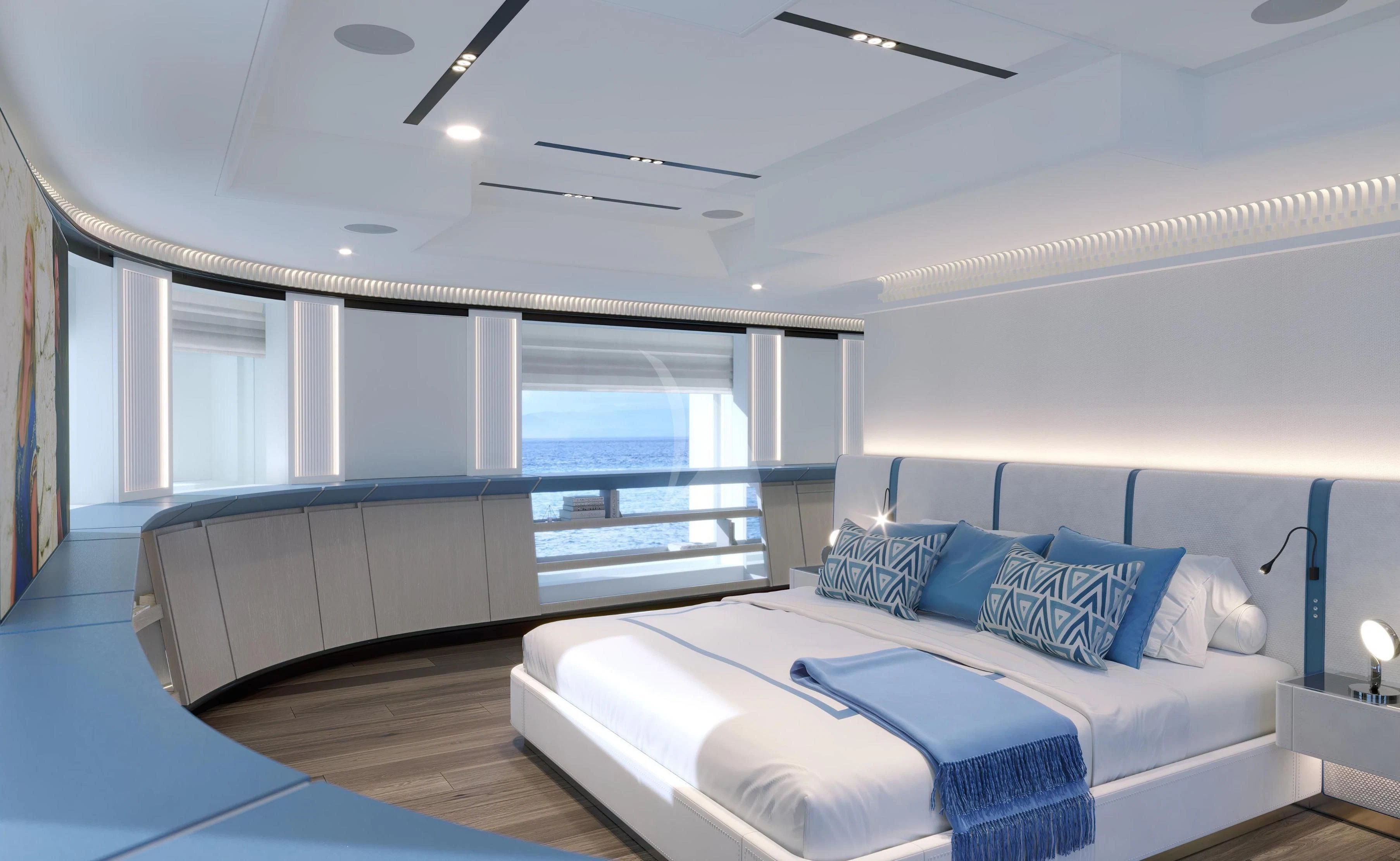 a room with a bed and a window aboard RIO Yacht for Sale