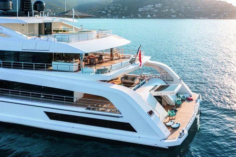a large white boat on the water aboard RIO Yacht for Sale