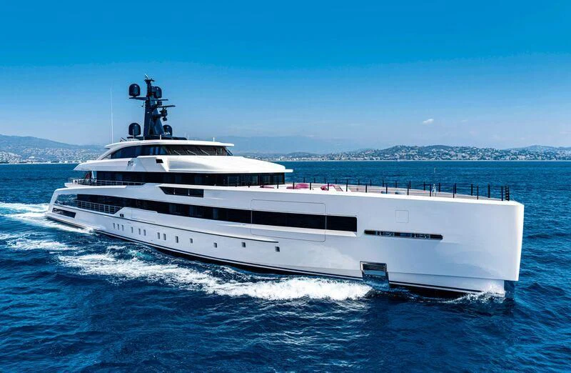 a white yacht on the water aboard RIO Yacht for Sale