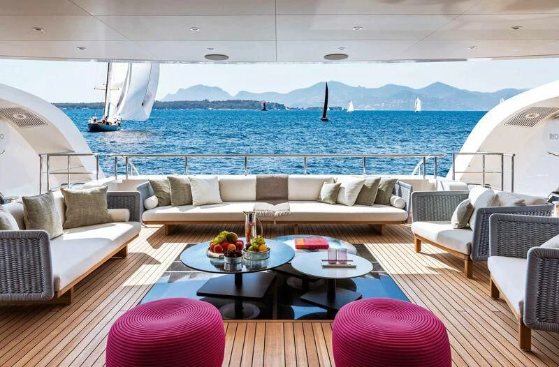 a living room with a large body of water aboard RIO Yacht for Sale