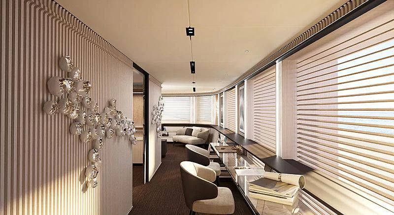 a living room with a chandelier aboard RIO Yacht for Sale