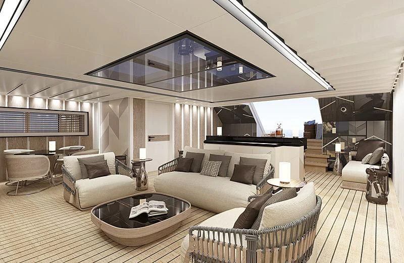a large living room with a large glass ceiling aboard RIO Yacht for Sale